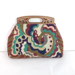 Artbag Creations unique custom  embroidered needlepoint wooden handle handbag